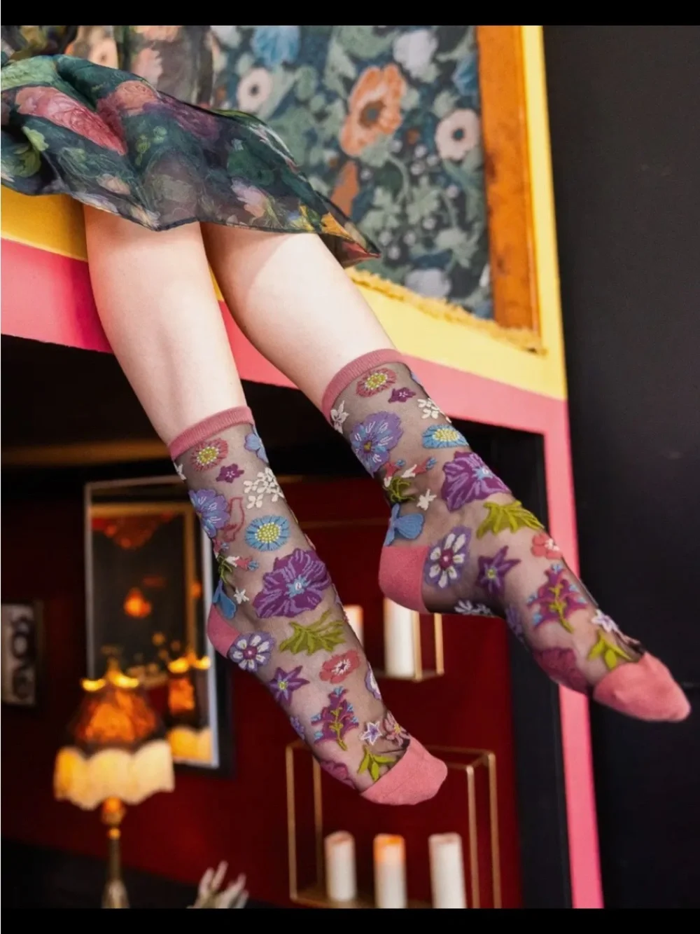 Sock Candy Dark Florals Black Sheer Crew Sock. Price firm.